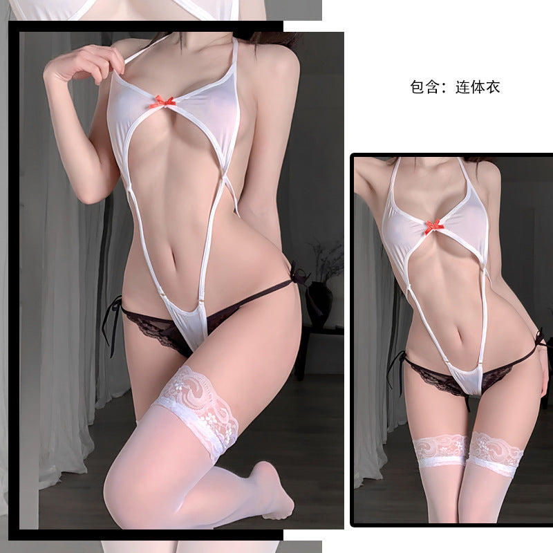 Image of erotic lingerie sexy one-piece swimcloth see-through temptation three-point halterneck bed temptation pajama set wholesale